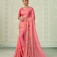 Pink floral embroidered chiffon saree party wear