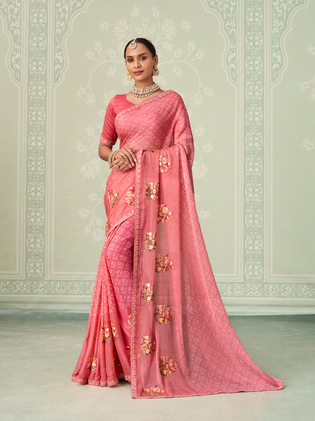 Pink floral embroidered chiffon saree party wear