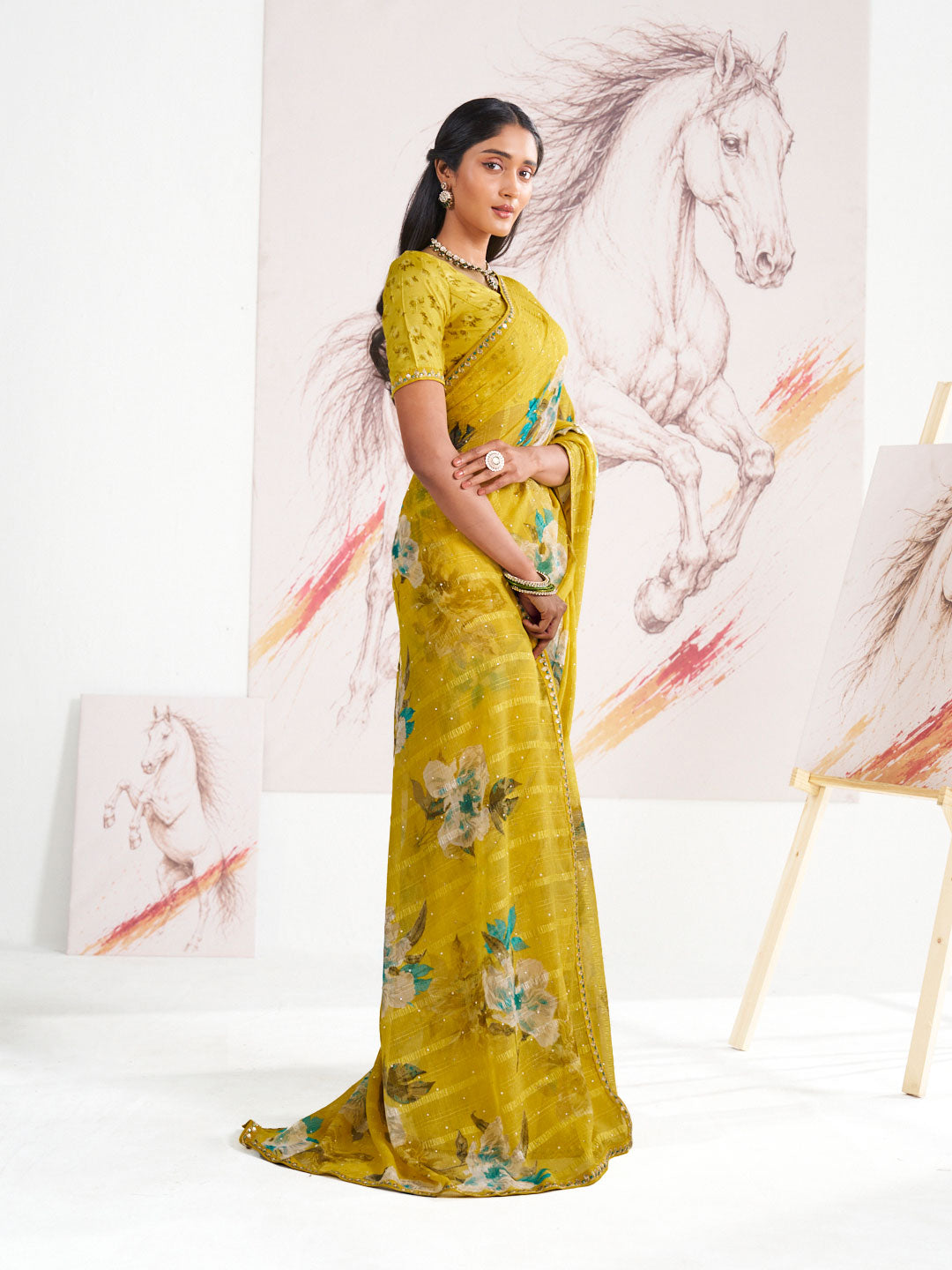 Laxmipati Murli Yellow Chiffon Floral Saree