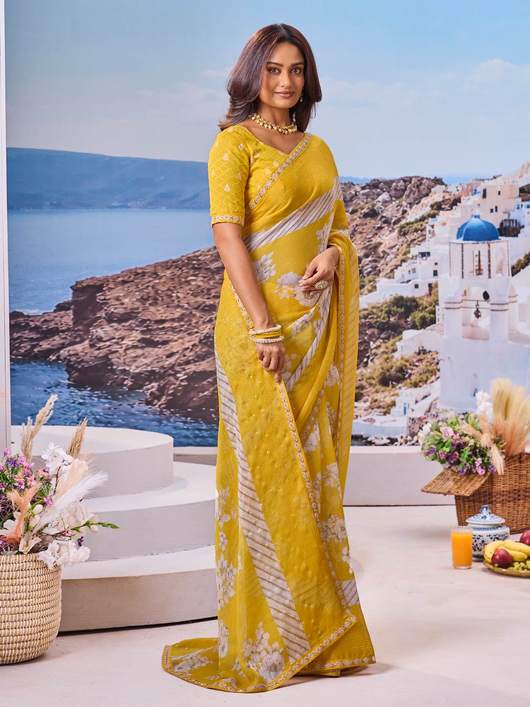 Lightweight yellow saree daily wear