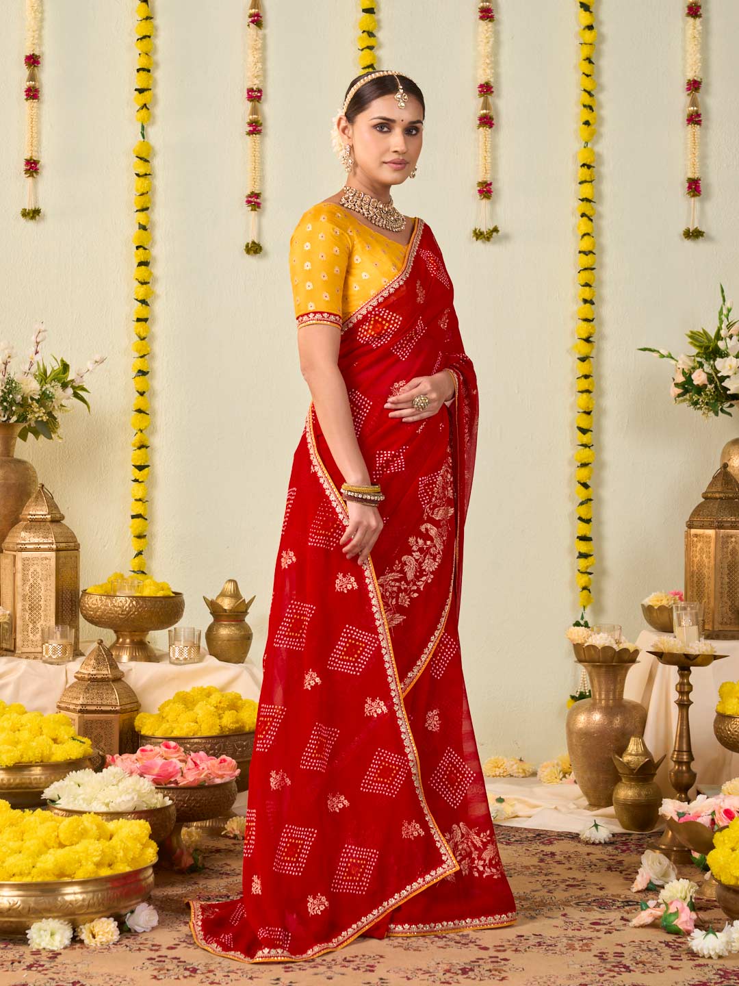 Red bandhani printed georgette saree casual wear