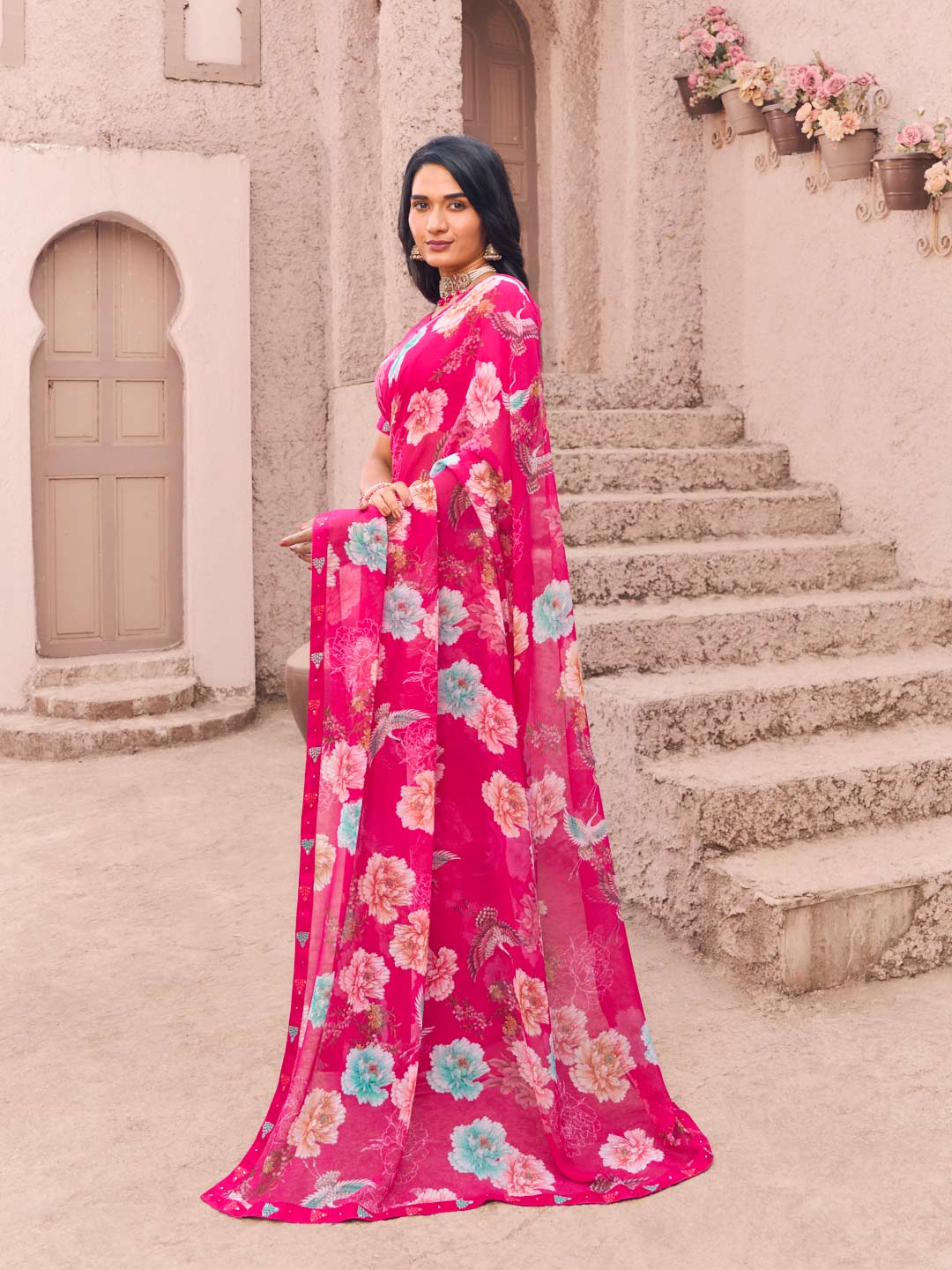 designer pink floral georgette saree
