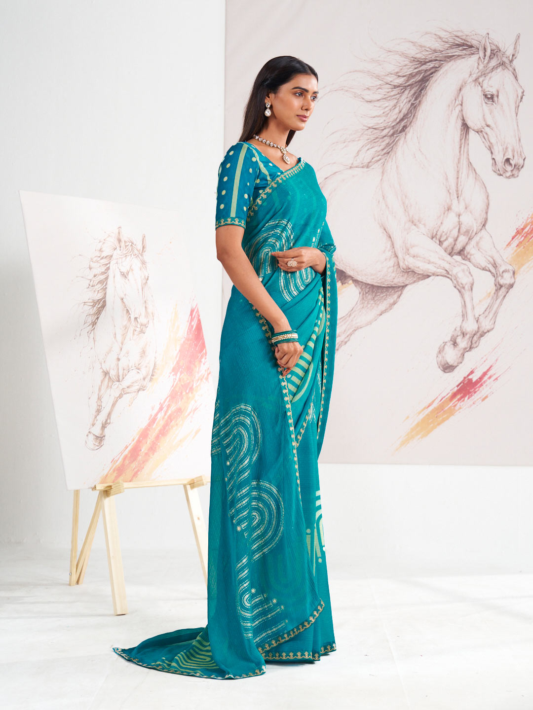 Laxmipati Murli Blue Chiffon Geometric Saree