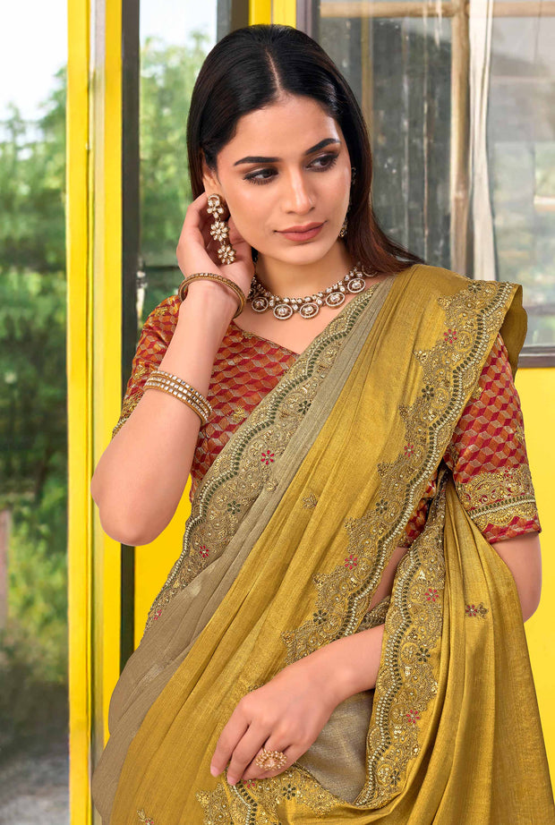 Brown silk blend floral embroidered border saree