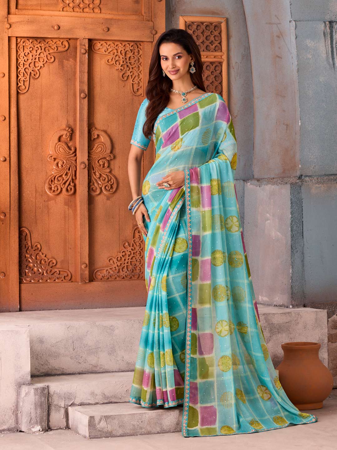 Blue checkered chiffon saree party wear