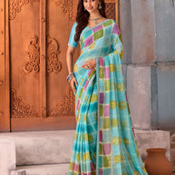 Blue checkered chiffon saree party wear