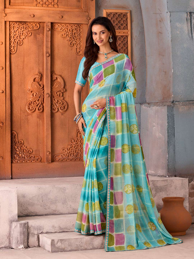 Blue checkered chiffon saree party wear