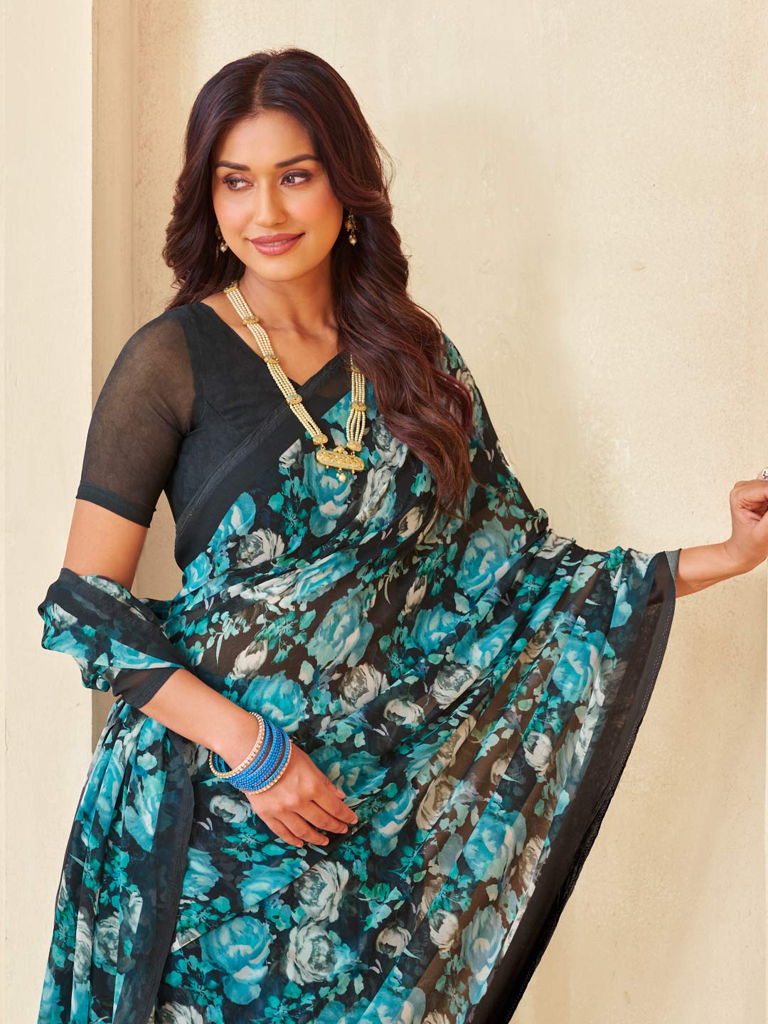 Navy floral georgette saree casual wear