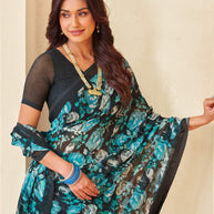 Navy floral georgette saree casual wear