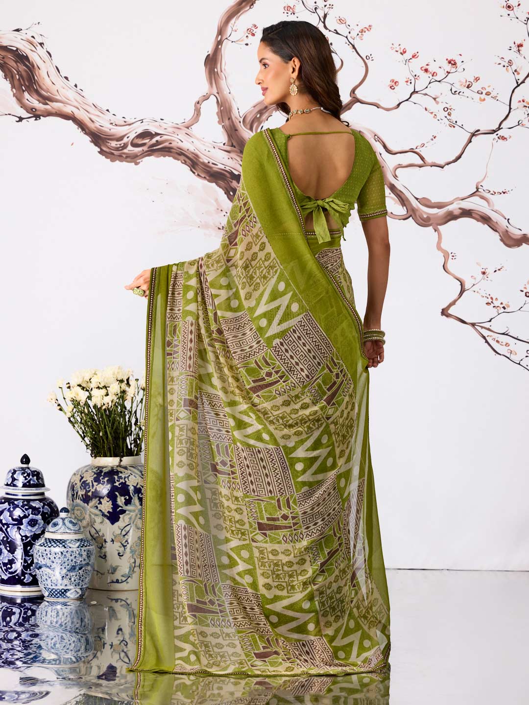 Green geometric printed georgette saree wedding wear