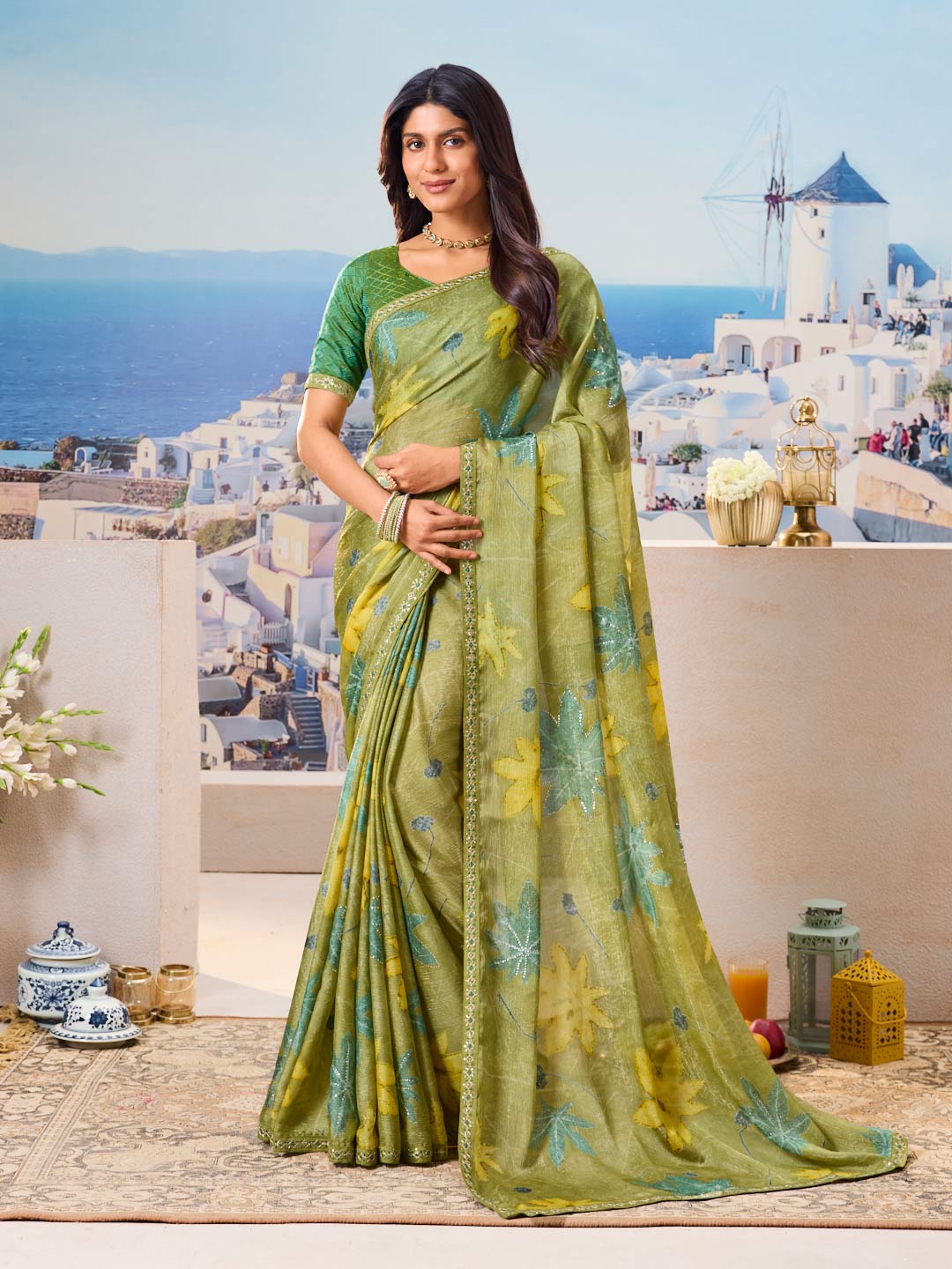Green floral silk saree