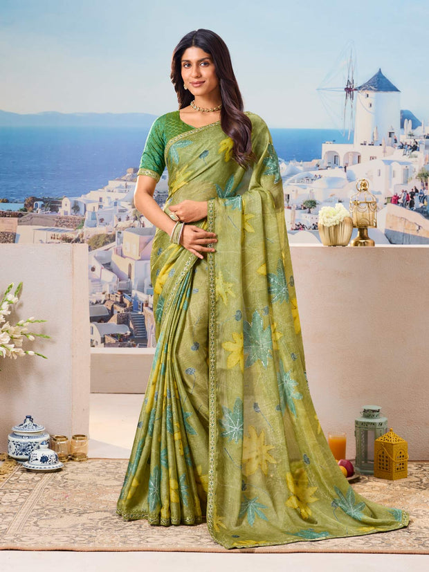 Green floral silk saree