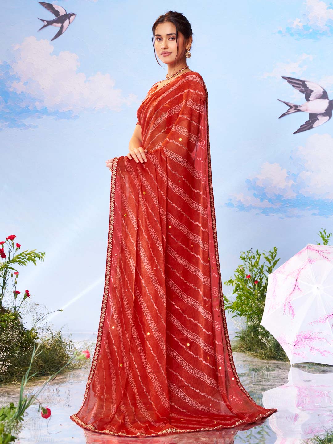  Red dotted printed silk blend saree party wear