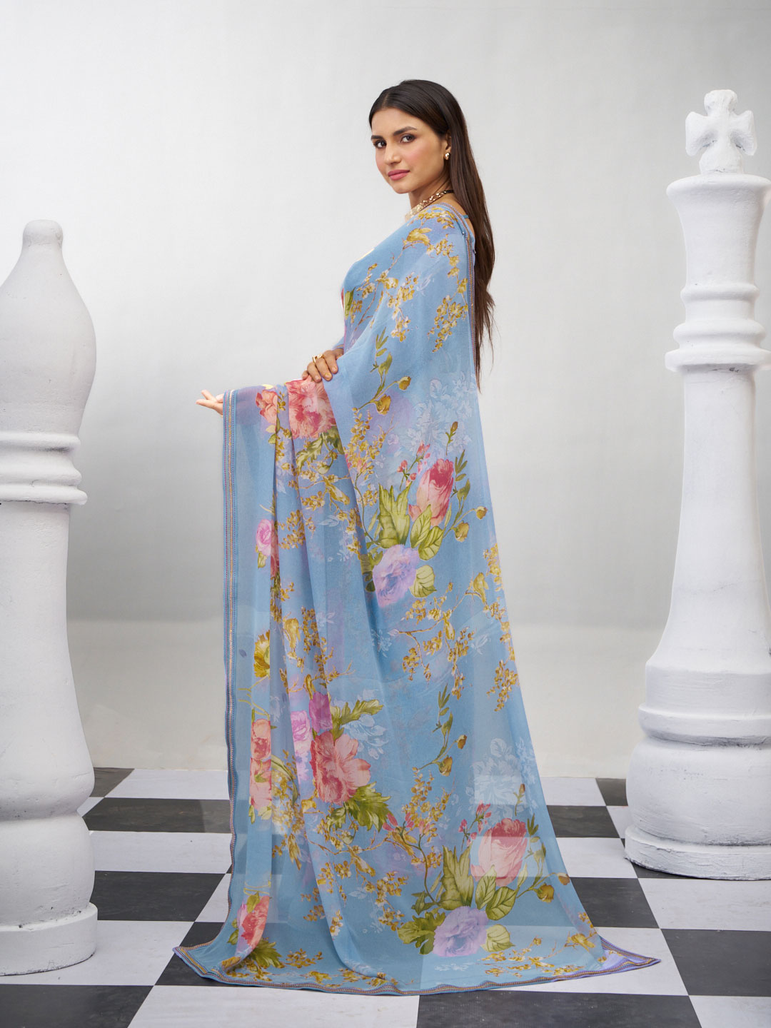 Blue printed saree daily wear