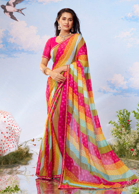 Multicolor striped printed chiffon saree party wear 