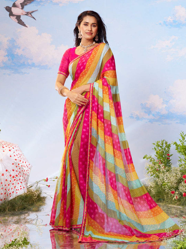 Multicolor striped printed chiffon saree party wear 