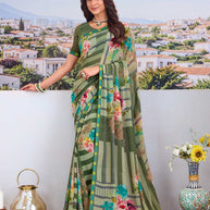 Green floral printed saree