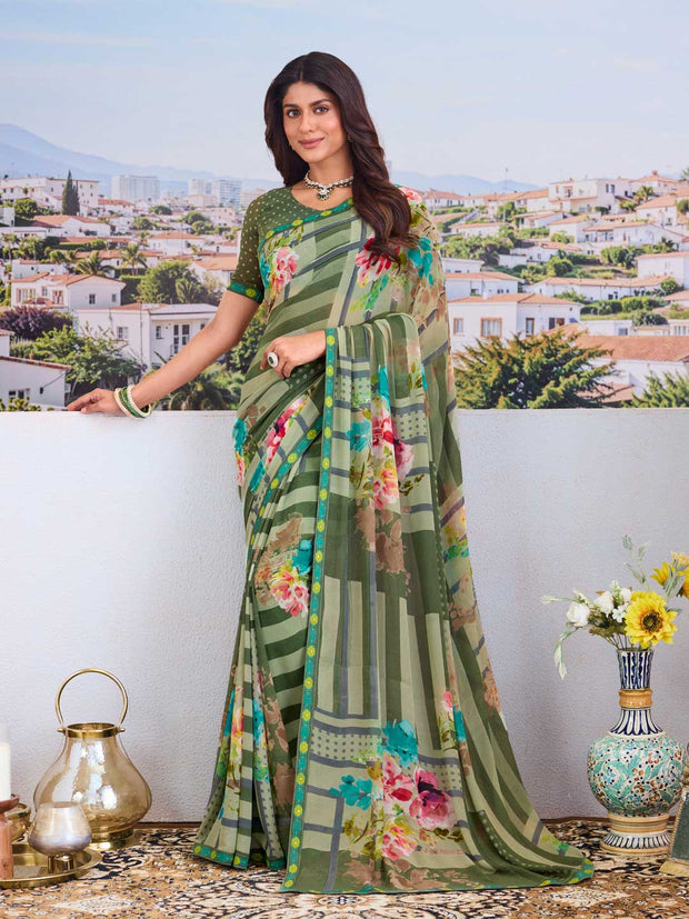 Green floral printed saree