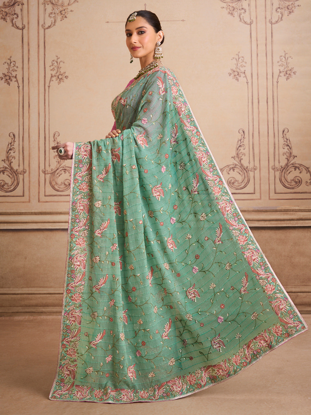 Green embroidered chiffon saree daily wear