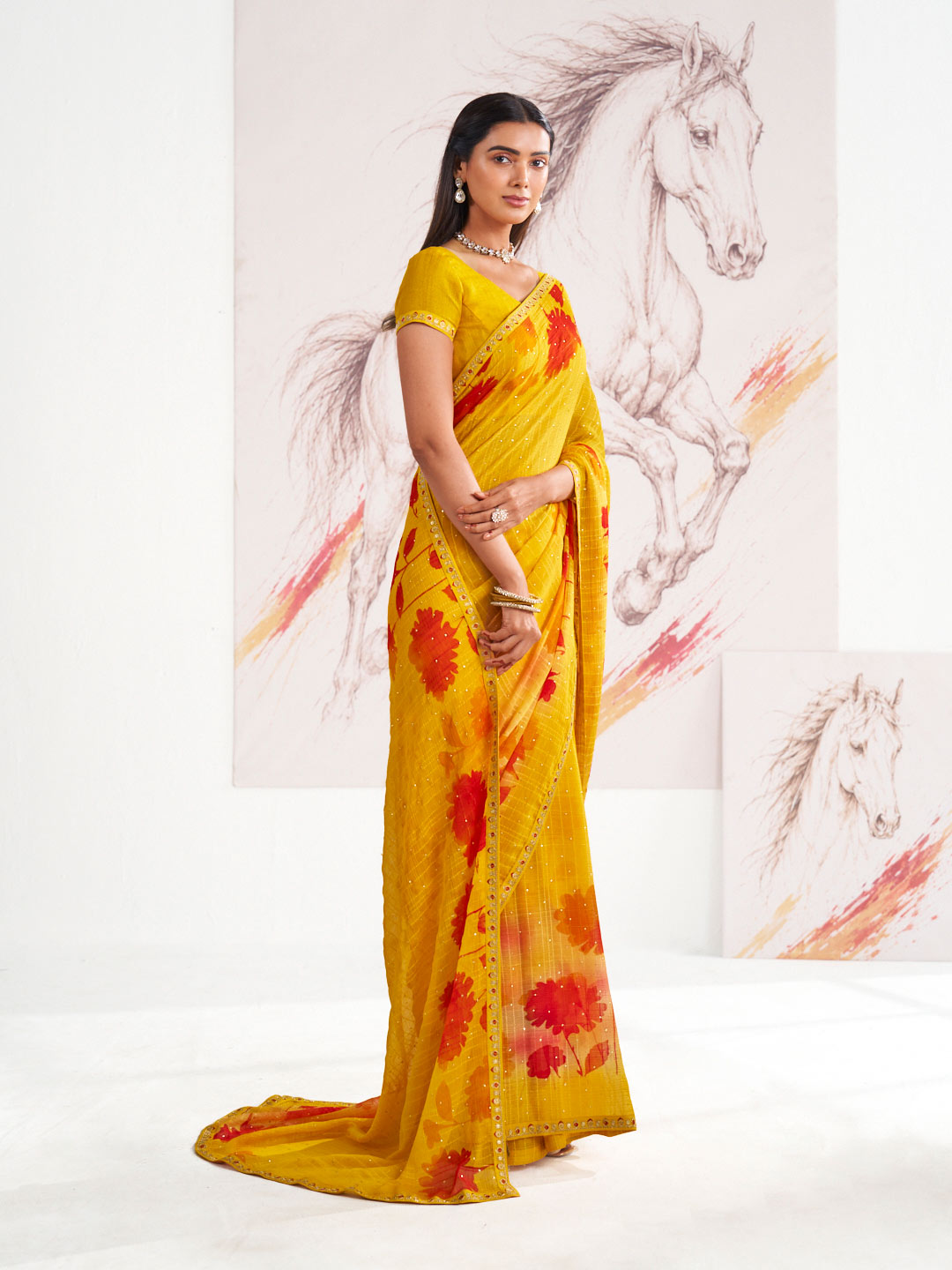 Laxmipati Murli Yellow Chiffon Floral Saree