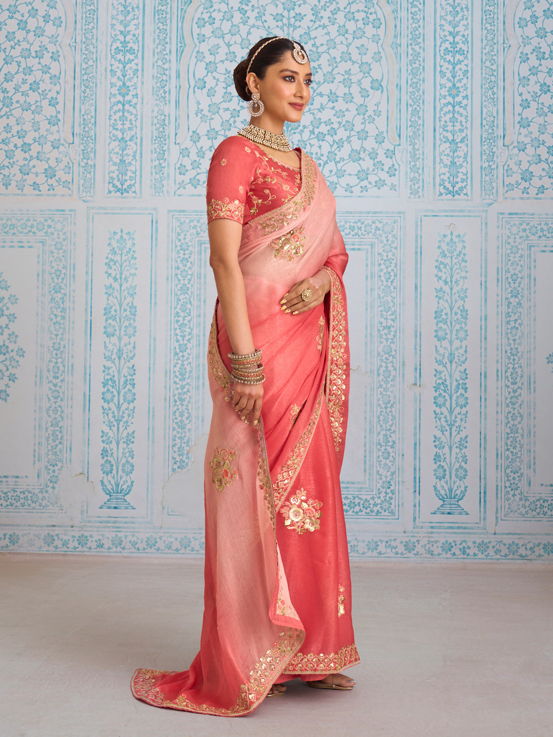 Laxmipati Aanya Peach Chiffon Embroidered Saree