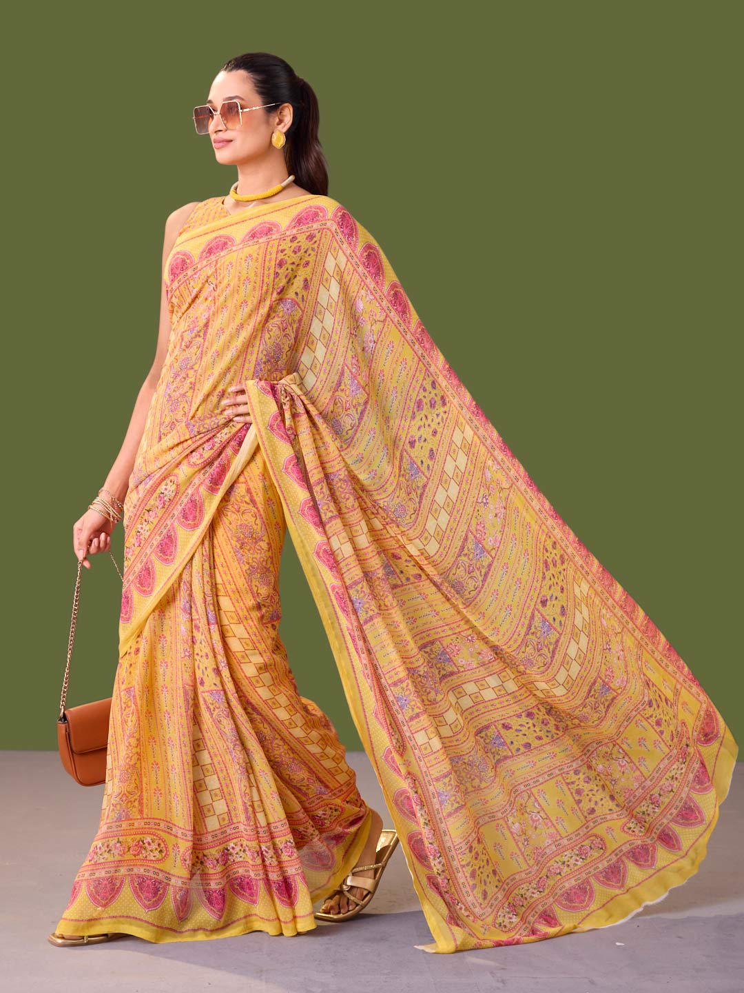 Laxmipati Dillagi Yellow Georgette Floral Saree