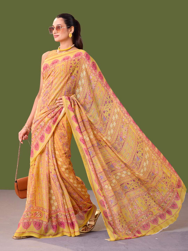 Laxmipati Dillagi Yellow Georgette Floral Saree
