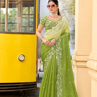 Green chiffon floral embroidered saree
