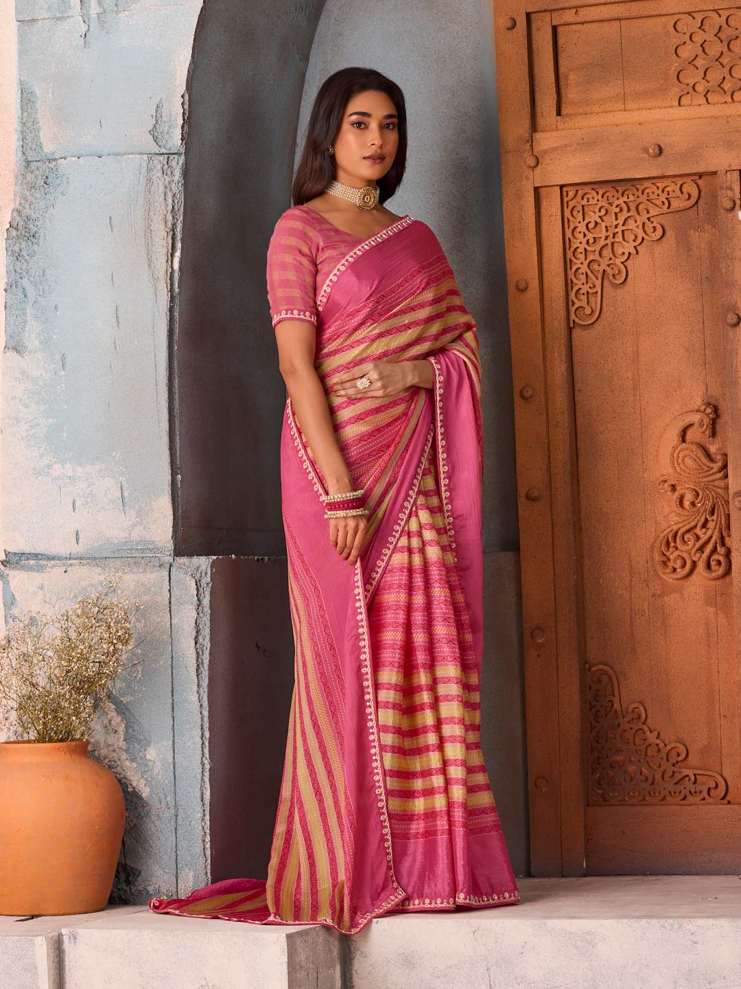 Pink striped silk blend saree festive wear