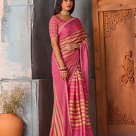 Pink striped silk blend saree festive wear