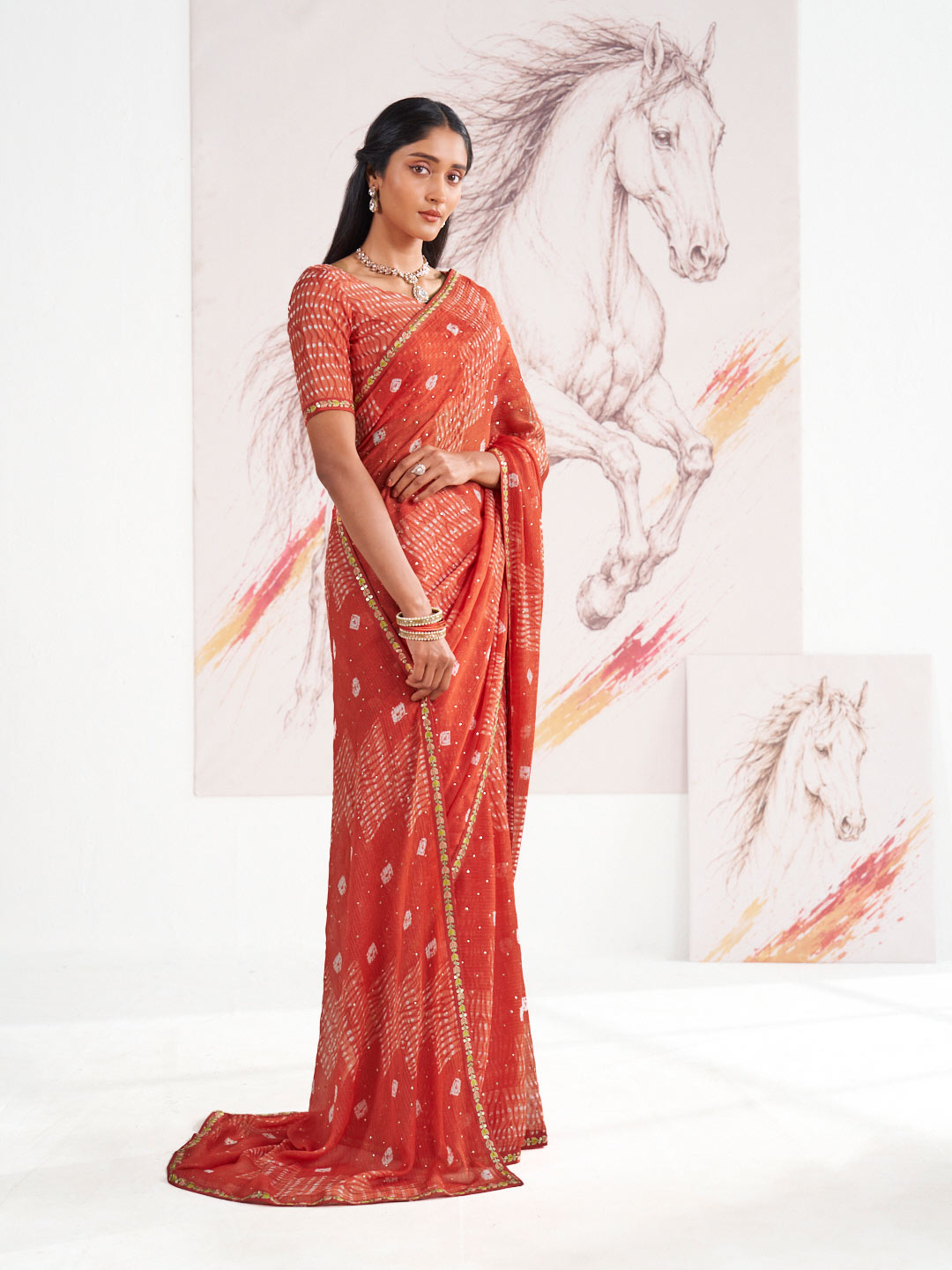 Laxmipati Murli Orange Chiffon Geometric Saree