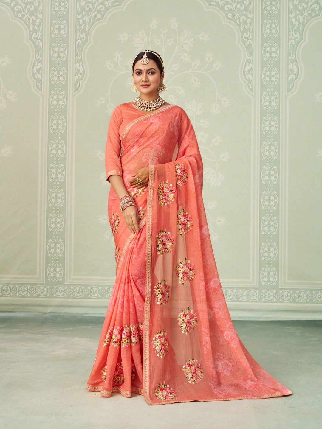 Peach floral embroidered chiffon saree party wear