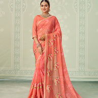 Peach floral embroidered chiffon saree party wear