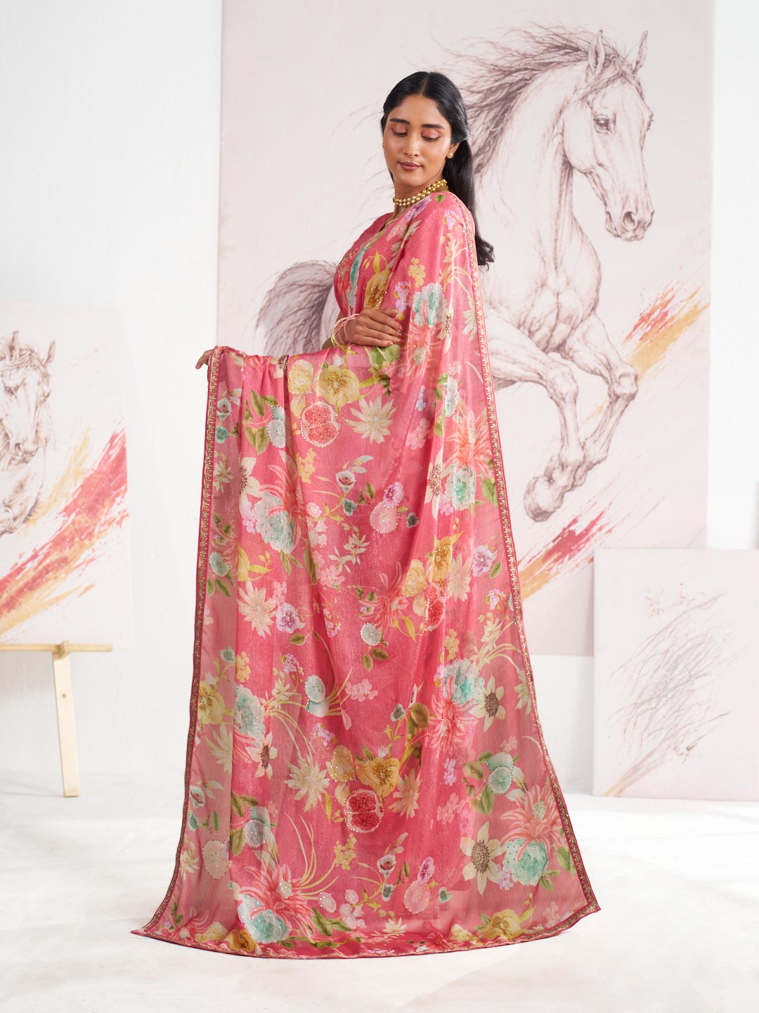Laxmipati Murli Pink Chiffon Floral Saree