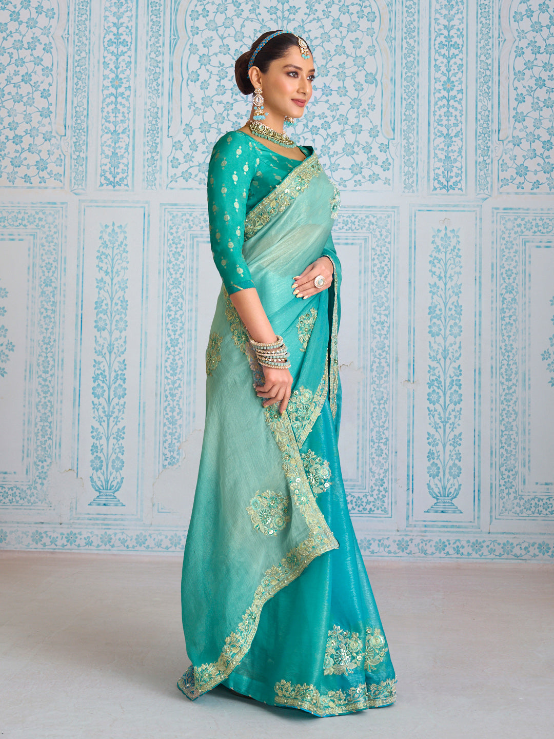 Laxmipati Aanya Blue Chiffon Embroidered Saree