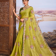 Green floral embroidered chiffon saree festive wear