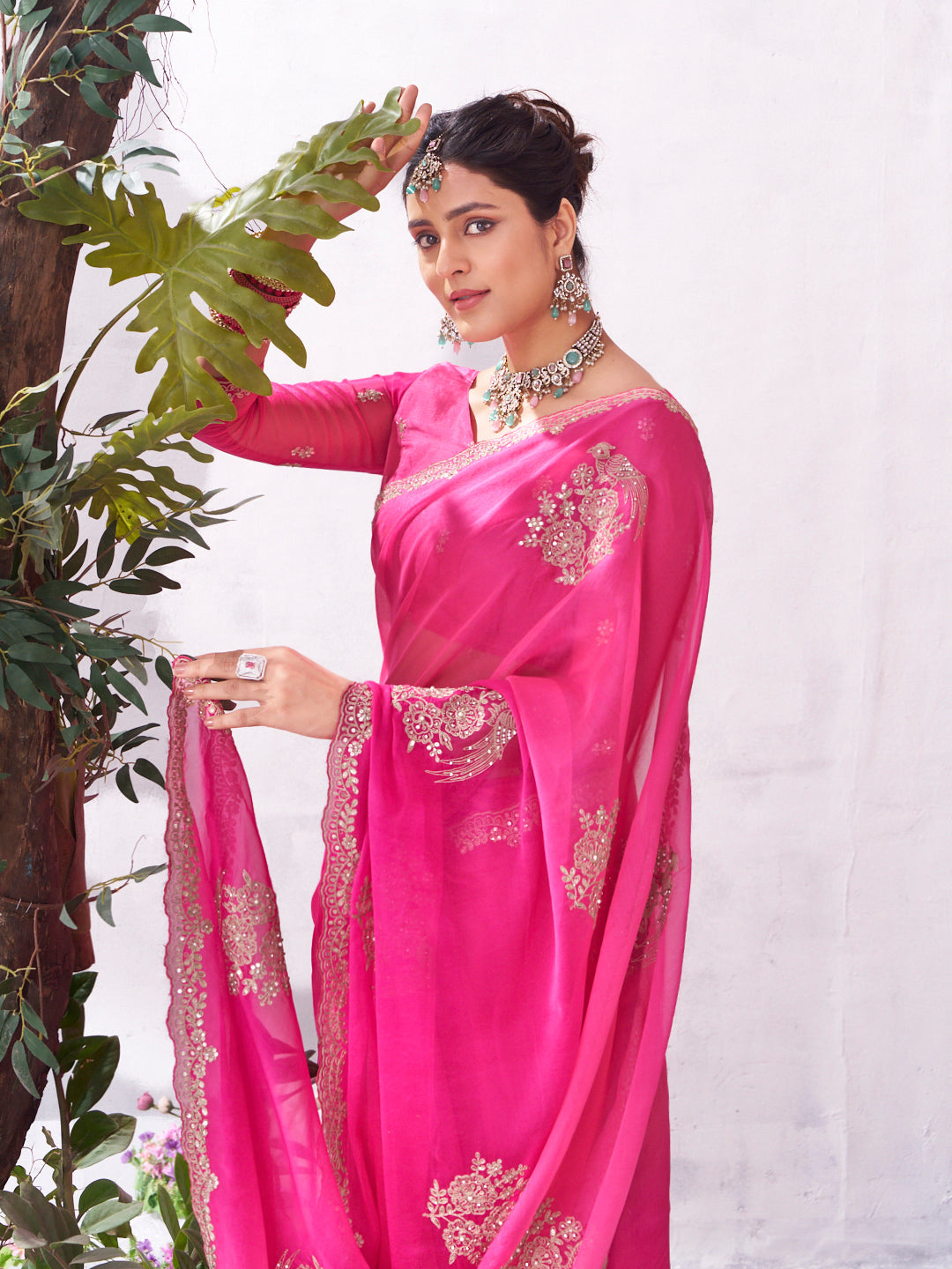 Pink floral embroidery saree stylish drape