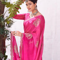 Pink floral embroidery saree stylish drape
