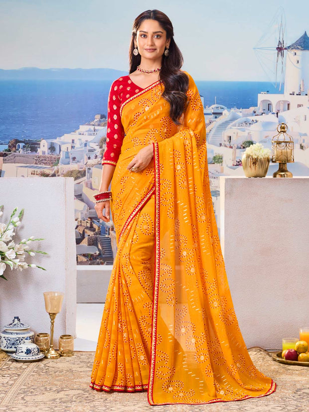 Mustard geometric printed saree modern look