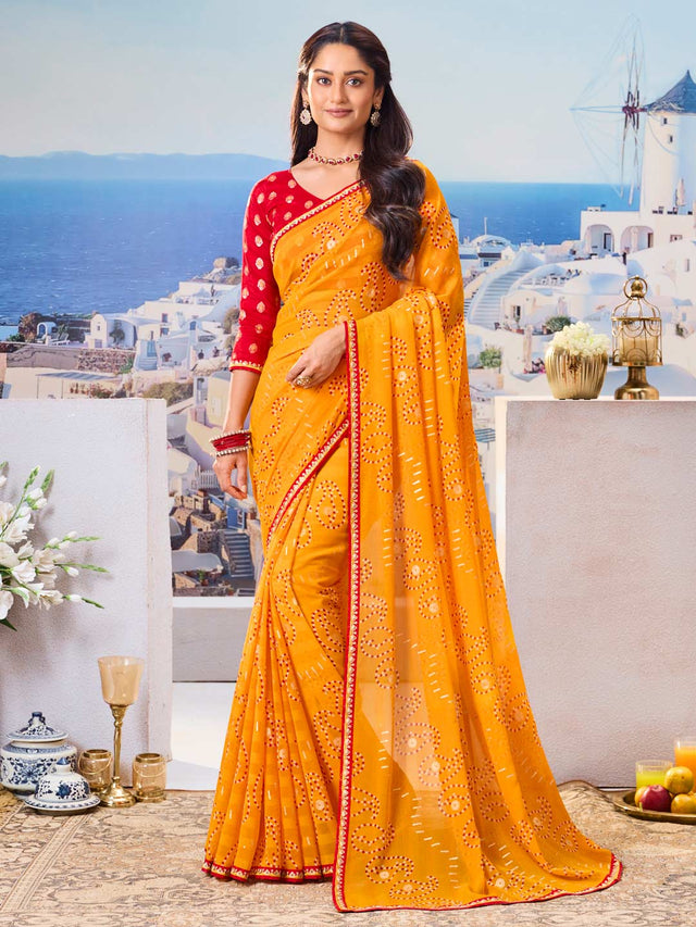 Mustard geometric printed saree modern look