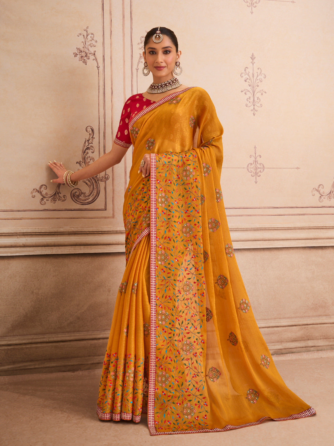 Orange floral embroidered chiffon saree party wear