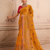 Orange floral embroidered chiffon saree party wear