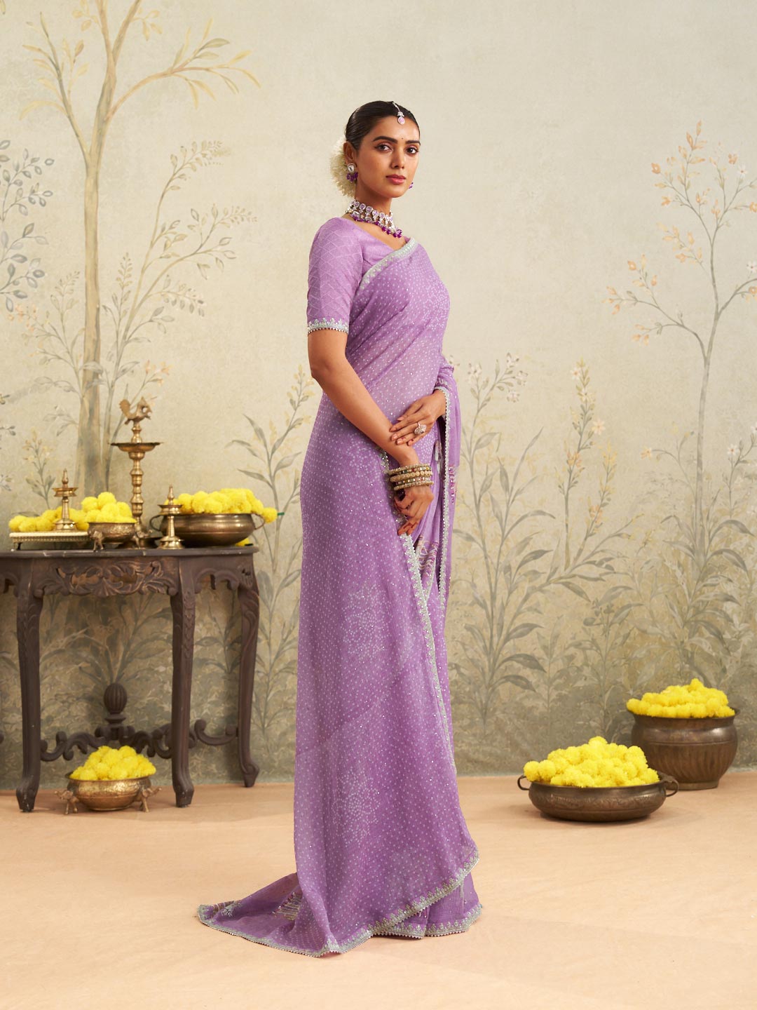 Purple embroidered chiffon saree wedding wear