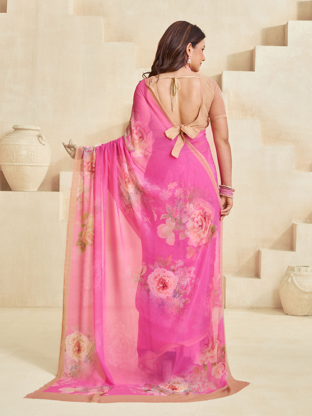 Pink stylish floral saree
