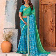 Blue floral printed chiffon saree daily wear