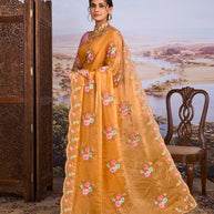 Orange floral embroidered chiffon saree daily wear