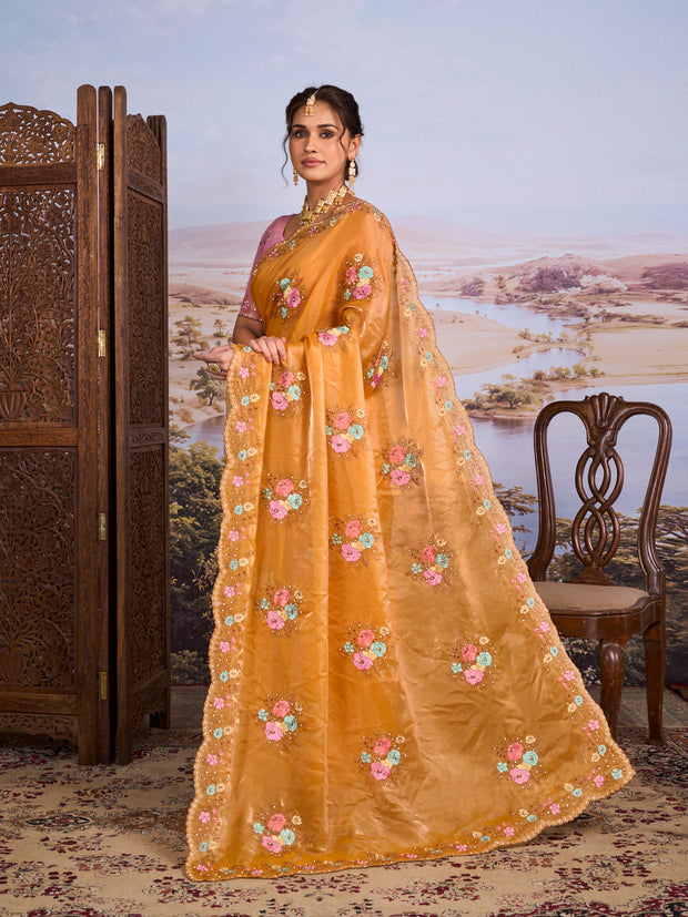 Orange floral embroidered chiffon saree daily wear