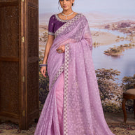 Purple floral embroidered chiffon saree festive wear