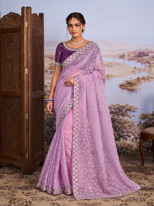 Purple floral embroidered chiffon saree festive wear