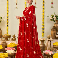 Red bandhani printed georgette saree daily wear